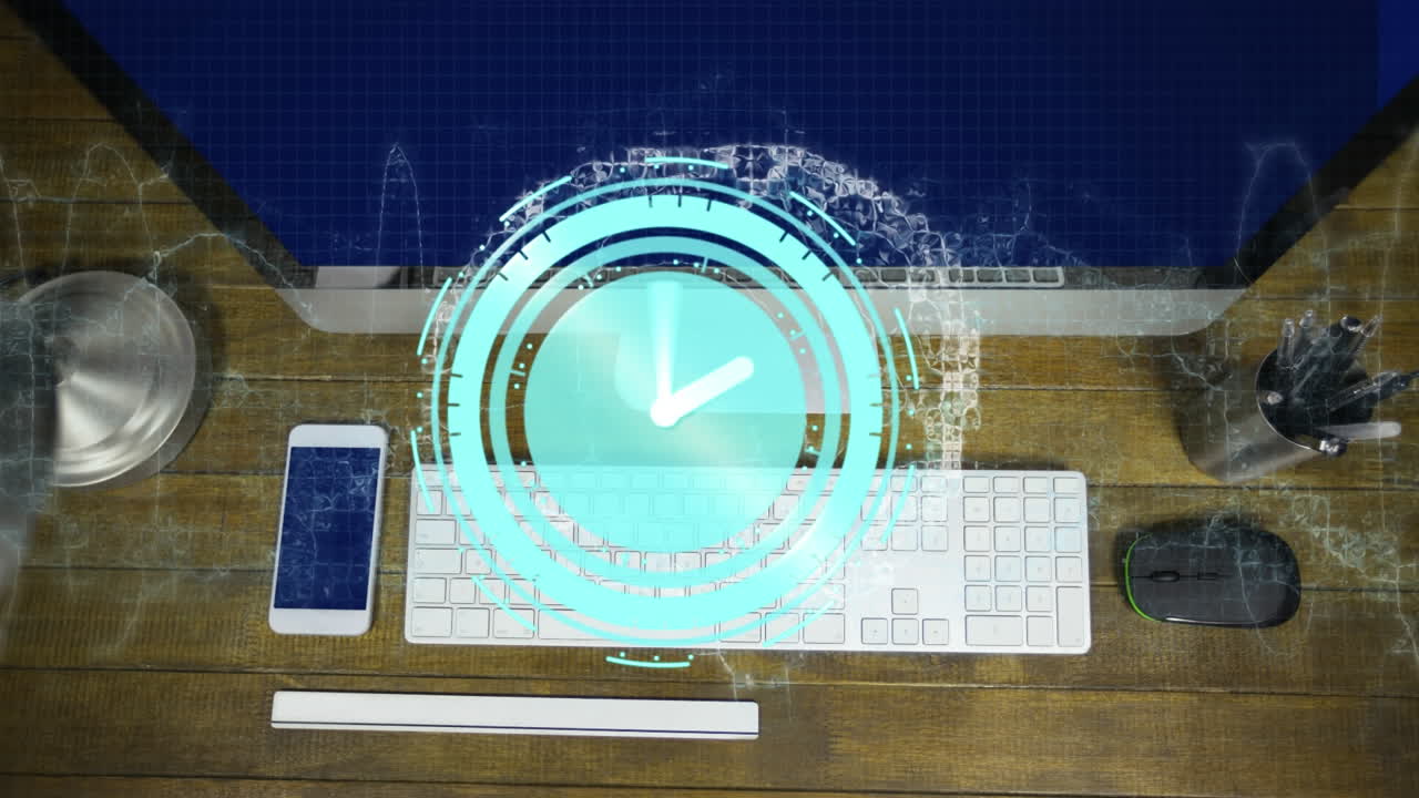 Animation of moving clock over desk with computer, keyboard and smartphone