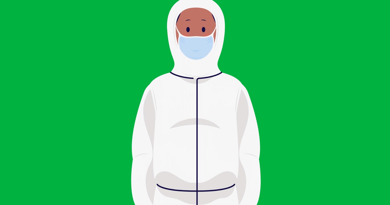 Ikon av helsearbeider med verneklær og ansiktsmaske mot svart bakgrunn