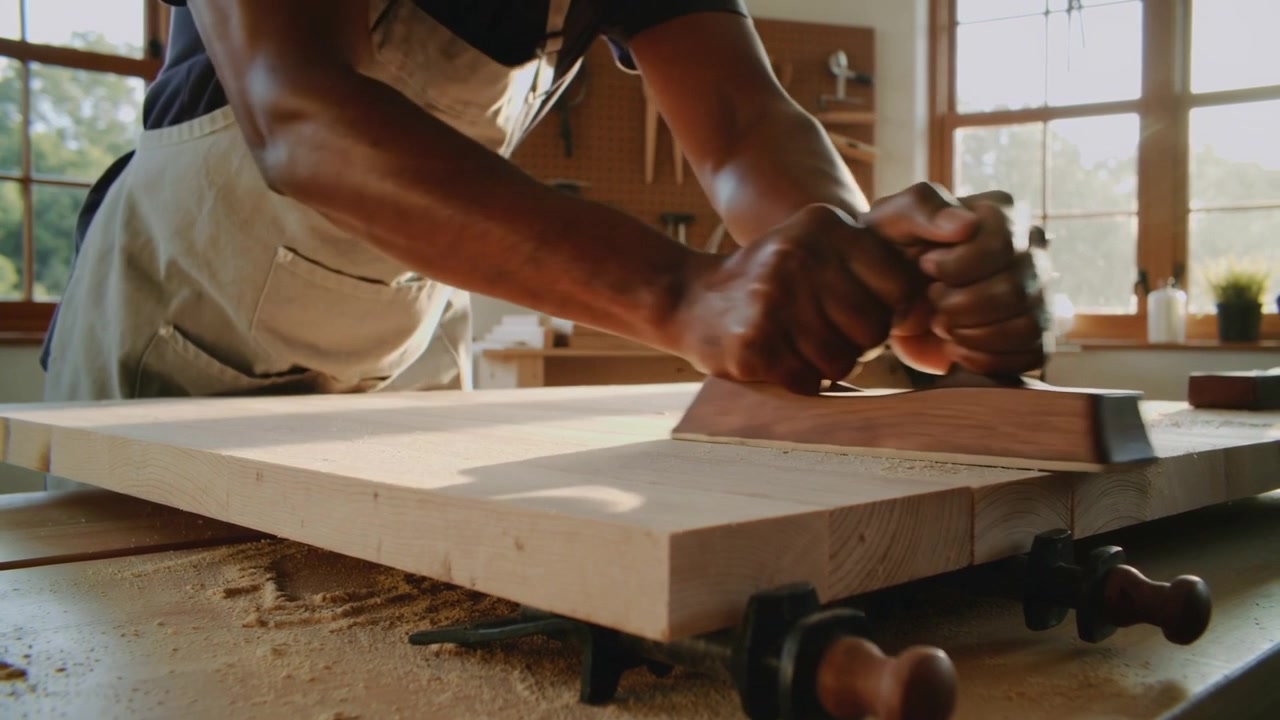 Planing carpenter wearing apron pushing wood plane across board clamped to bench, smoothing surface