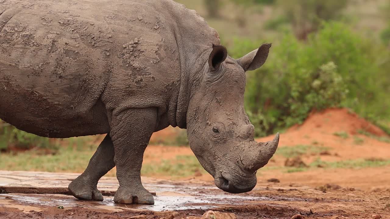 진흙 속에 서 있는 진흙 투성이 흰 코뿔소의 낮은 각도 중간 클로즈업