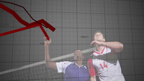 animating graph over soccer players jumping near goalpost