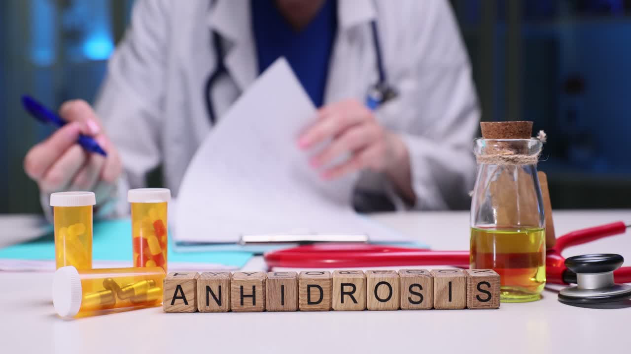 Anhidrosis medical concept with doctor, medication, and diagnosis materials