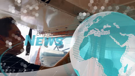 person piloting small aircraft with breaking news animation over globe graphic