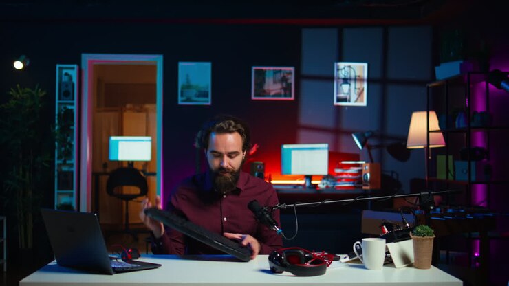 Man in studio reviewing gaming keyboard received from sponsoring brand