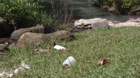 toxic plastic trash polluting the shore of a small river in southern honduras