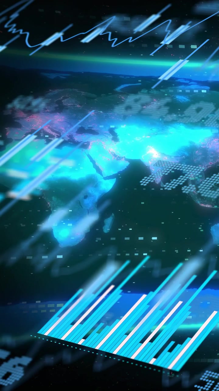 Video verticale: Dati che animano una mappa luminosa, barre che si alzano, nodi che pulsano, telecamera che esegue una panoramica mostrando statistiche.