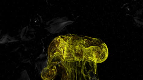 yellow abstract shape animation over dark background with flowing lines and particles