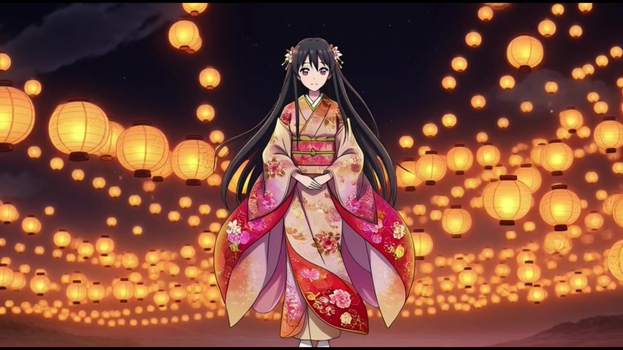 Anime-tyttö perinteisessä kimonossa seisomassa kelluvien lyhtyjen keskellä