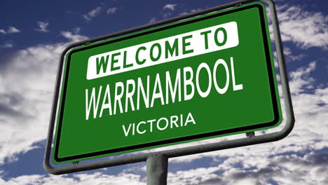 welcome to warrnambool, victoria, australia, city road sign, realistic animation