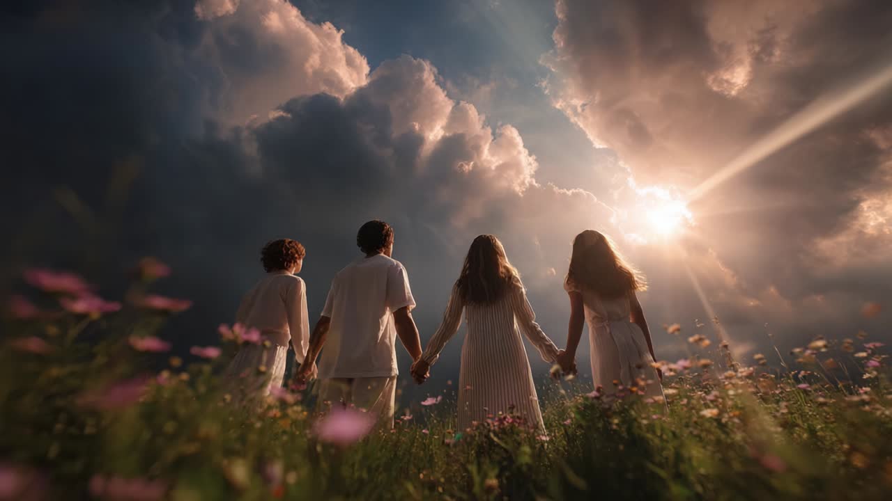 Family Holding Hands in a Meadow Under a Dramatic Sky