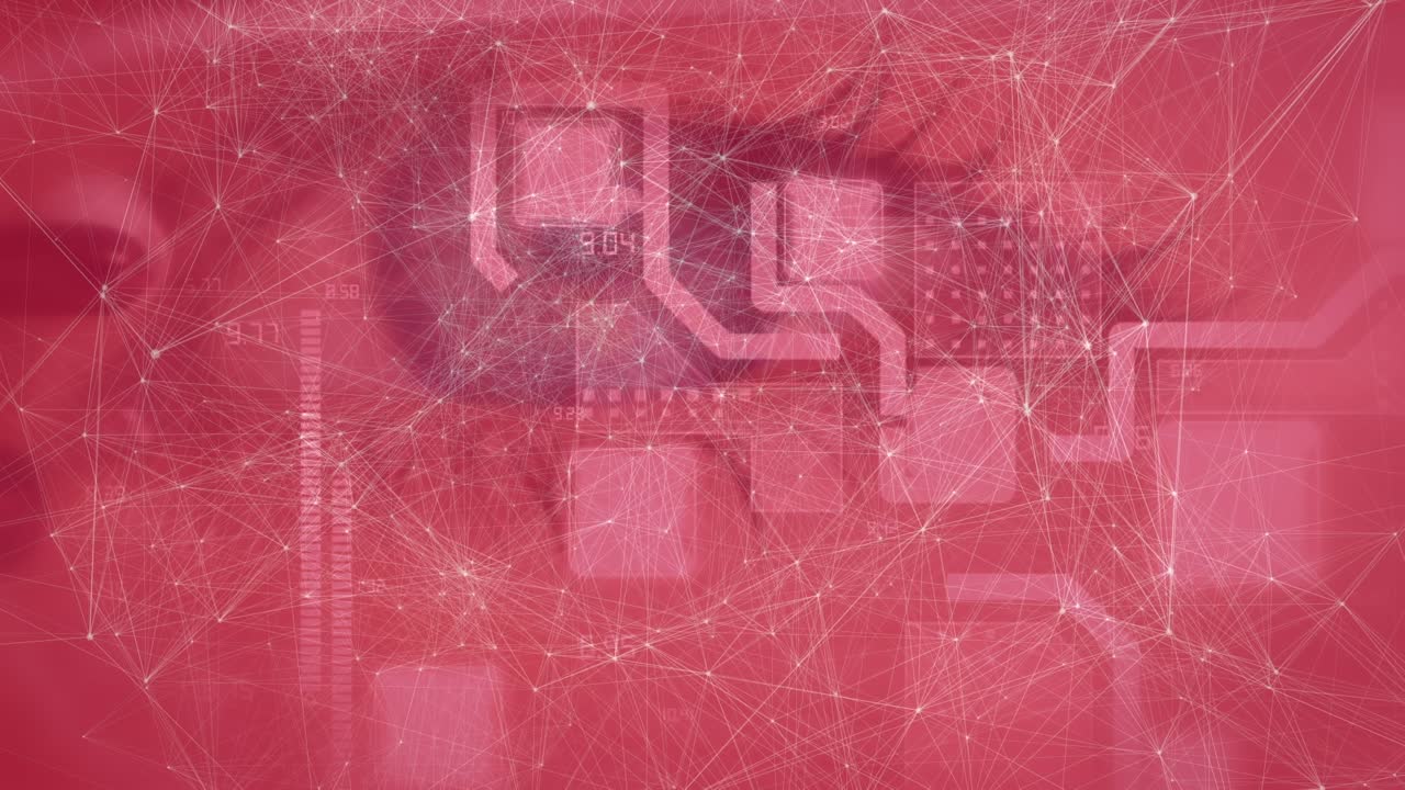 Animation of connections and integrated circuit over eye of caucasian woman