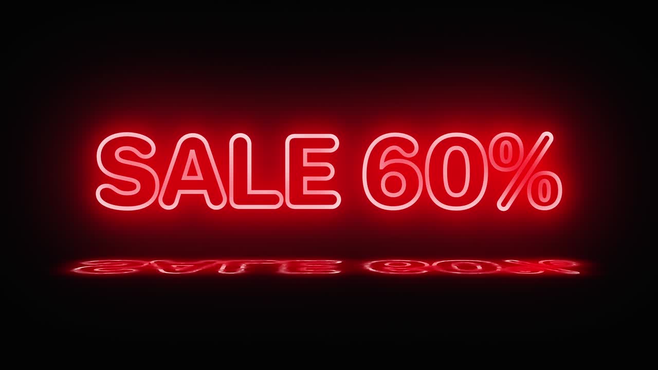 un letrero de neón con la palabra venta 60 por ciento se ilumina en rojo. un reflejo aparece en el charco. el letrero se enciende y apaga. gráficos en movimiento.