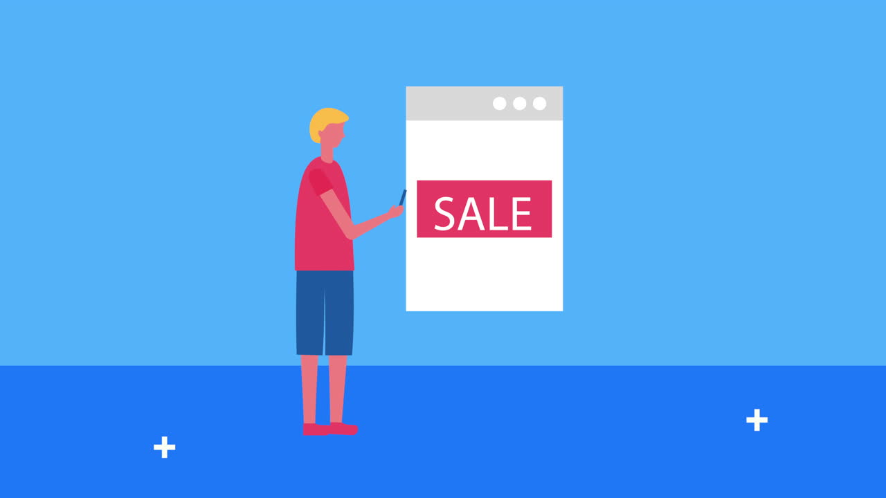 웹 페이지 템플릿과 전자 상거래 아이콘을 가진 젊은 남자