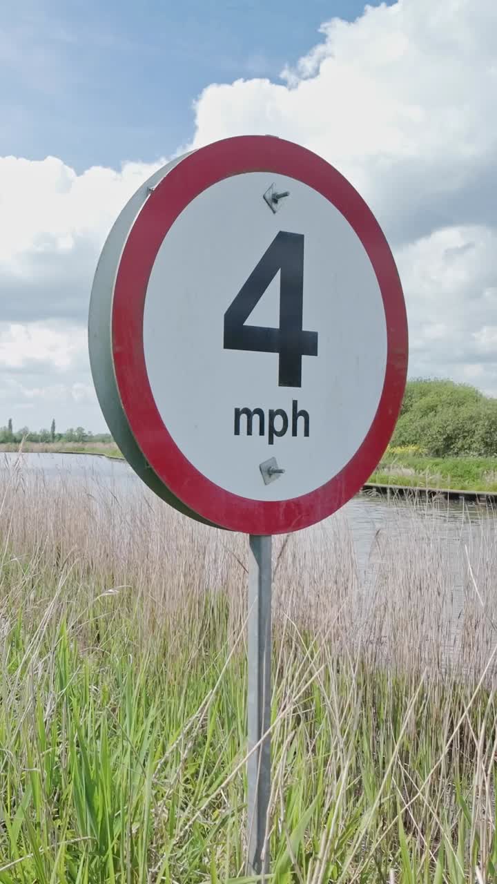 Maximum River Speed limit circular signpost shows 4 MPH VERTICAL shot