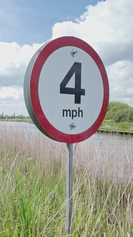 maximum river speed limit circular signpost shows 4 mph vertical shot