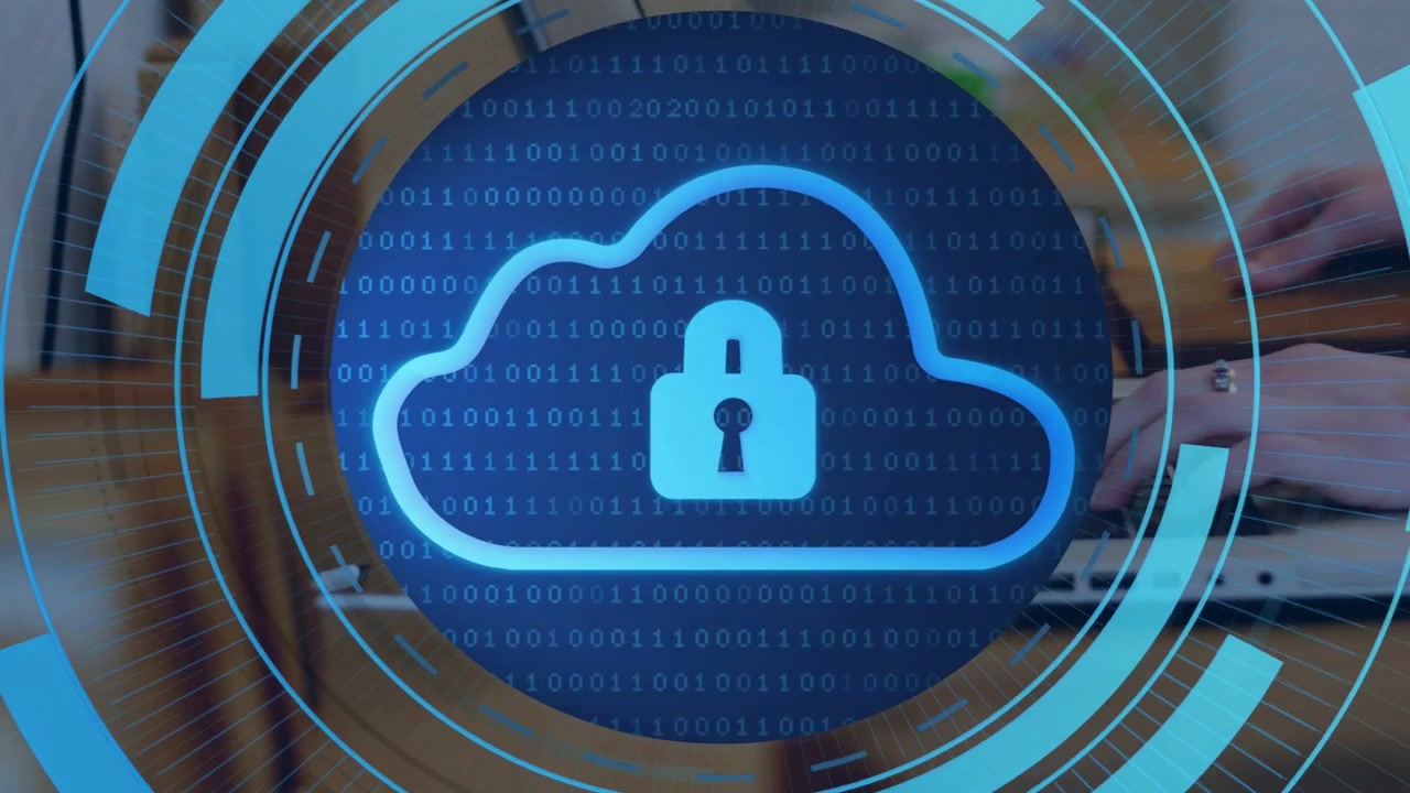 User typing, HUD forming over laptop, rings rotating and revealing cloud lock securing data