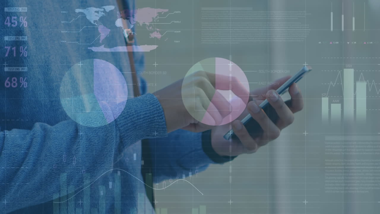 animación del procesamiento de datos estadísticos contra la sección media de un hombre que usa un teléfono inteligente en la oficina