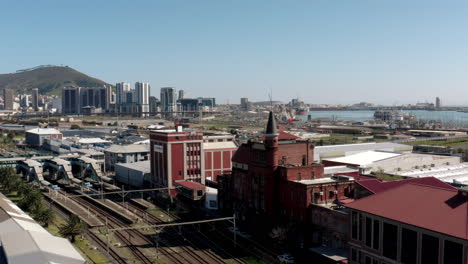 drone shot of old castle brewery and cape town, south africa