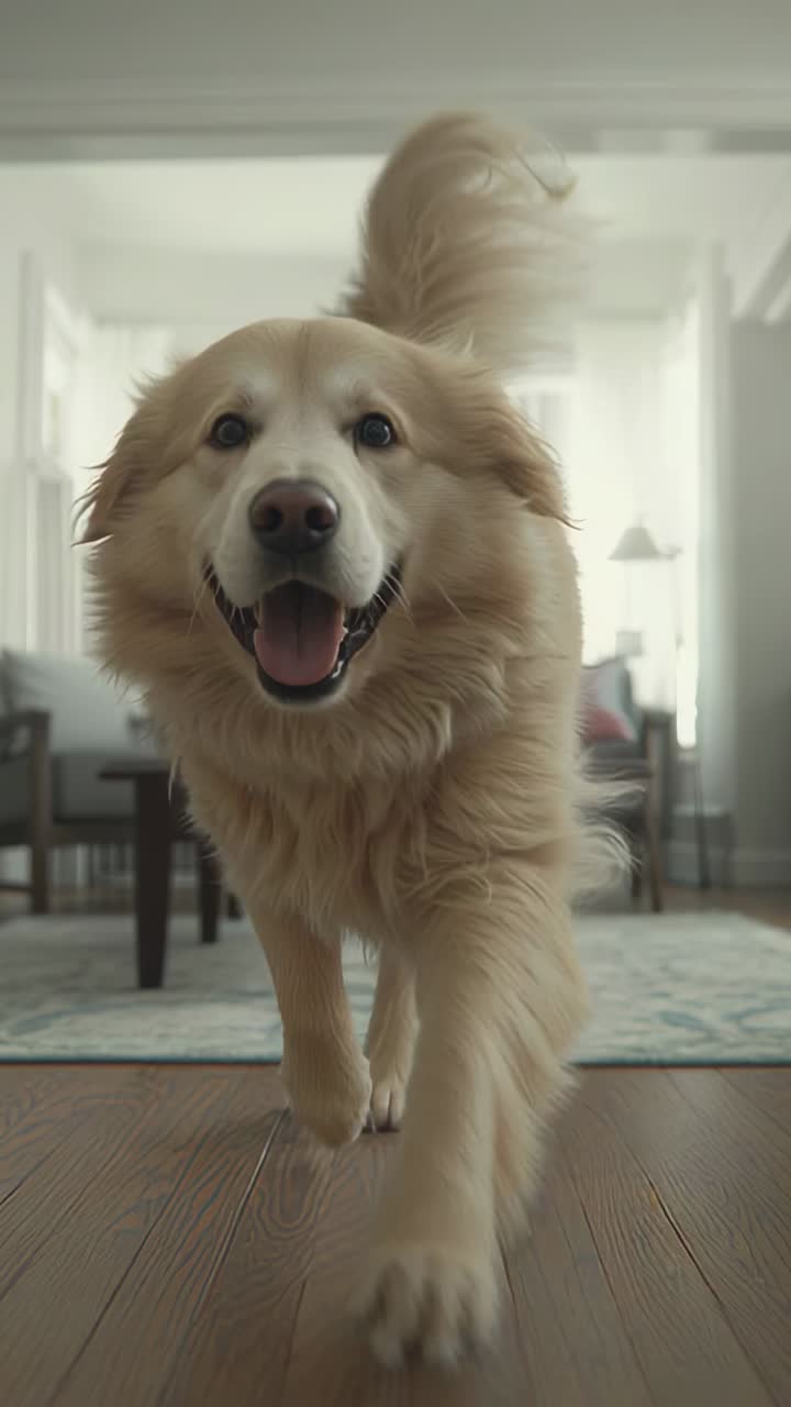 Vertical video: Entering trotting golden retriever crossing living room past area rug near sofa