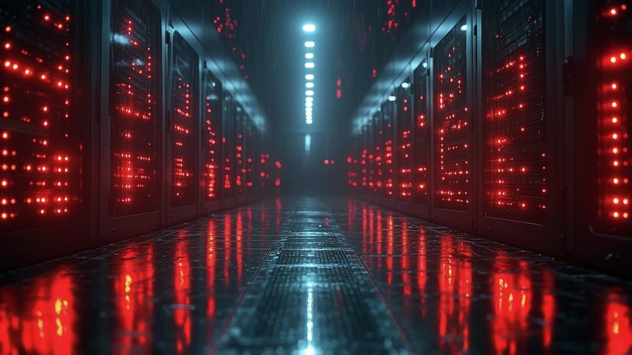 Red lights in data center. A dimly lit data center corridor with glowing red lights reflects on the wet floor, evoking mystery.