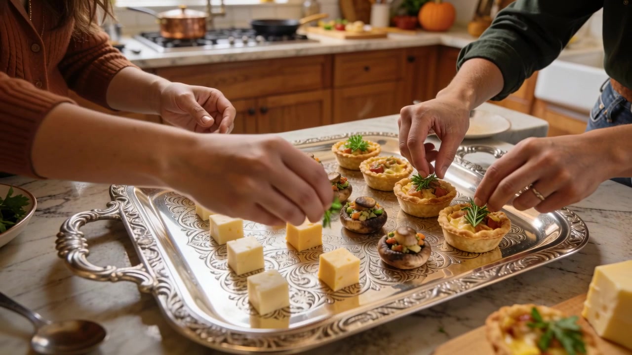 Guarnendo, mentre le mani si protendono in cucina, adulti con un maglione color ruggine che preparano un vassoio con snack ed erbe aromatiche.