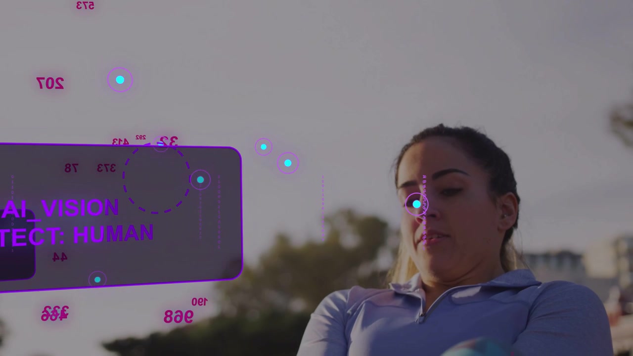 Woman shifting head outdoors, HUD appearing after AI detection for tracking, overlays sliding torso