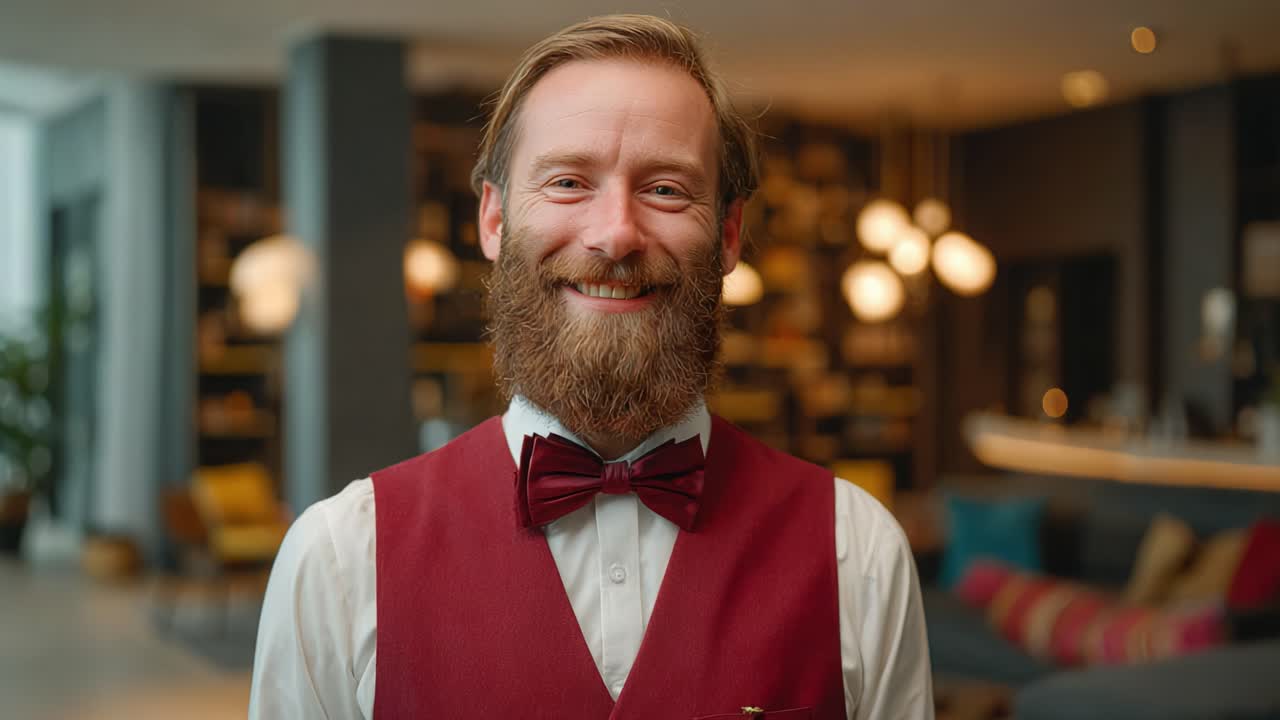 Un portiere amichevole in una hall di hotel elegante, desideroso di assistere gli ospiti con un sorriso caloroso e un abbigliamento professionale, che mette in mostra l'eccellenza dell'ospitalità