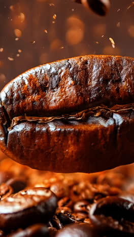 a coffee bean is shown in the air with some coffee grounds on the ground. concept of motion and energy, as if the coffee bean is about to take flight