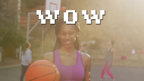 Wow-text-against-portrait-of-african-american-woman-holding-basketball-at-basketball-court