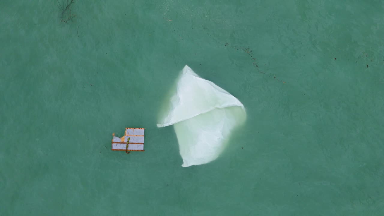una gran pieza blanca de vela de plástico flota en el agua verde turbia junto al bloque de madera roto, avión no tripulado