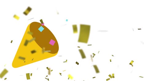 Animation-of-gold-confetti-falling-over-megaphone-emoticon-on-white-background