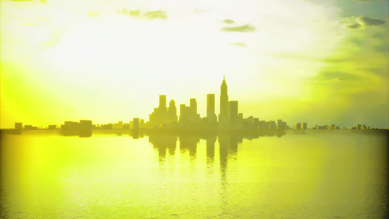 City skyline reflected in tranquil water during sunset glow