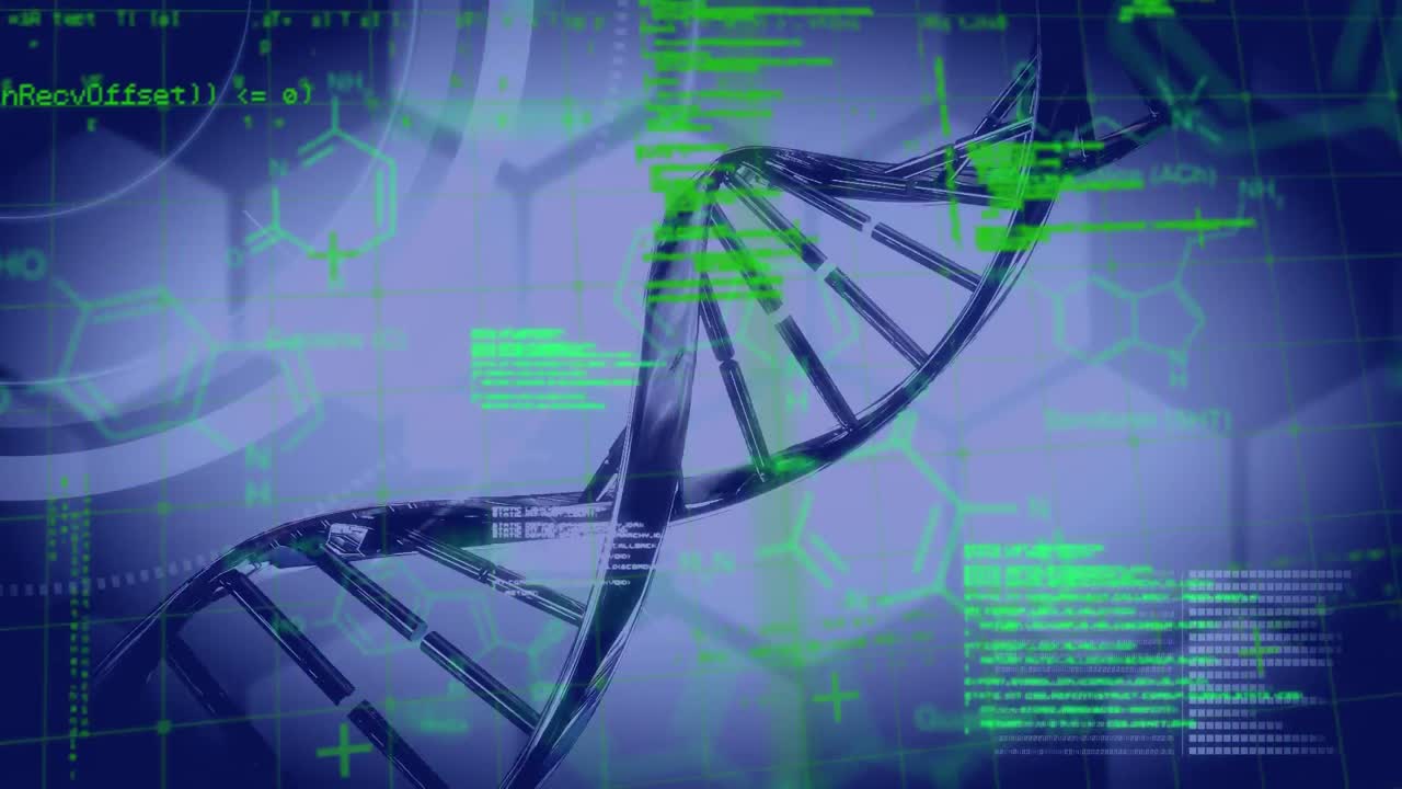 Animation of 3d dna strand spinning and scientific data processing over purple background