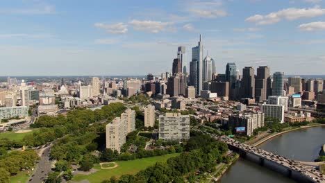 high aerial 180 degree pan across philadelphia skyline on a bright summer sunny day, 30th st