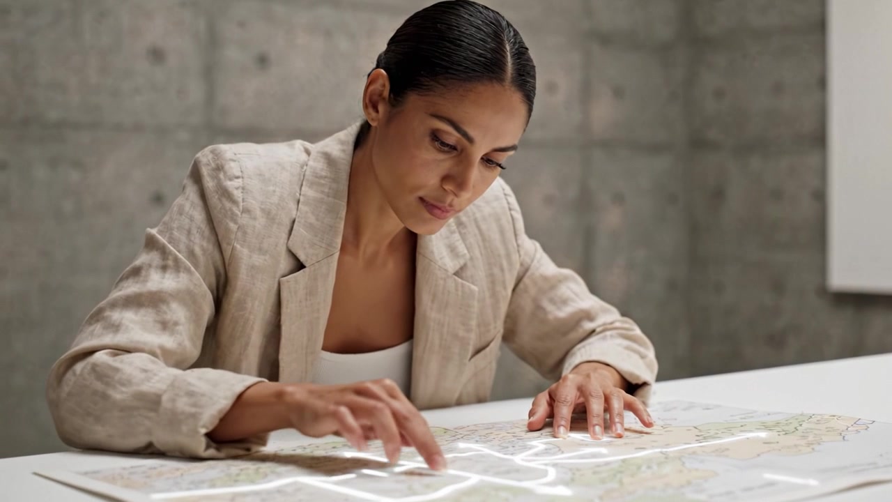 A focused woman studies an intricate map, tracing routes with her fingers while seated at a modern table, highlighting the importance of navigation and exploration.