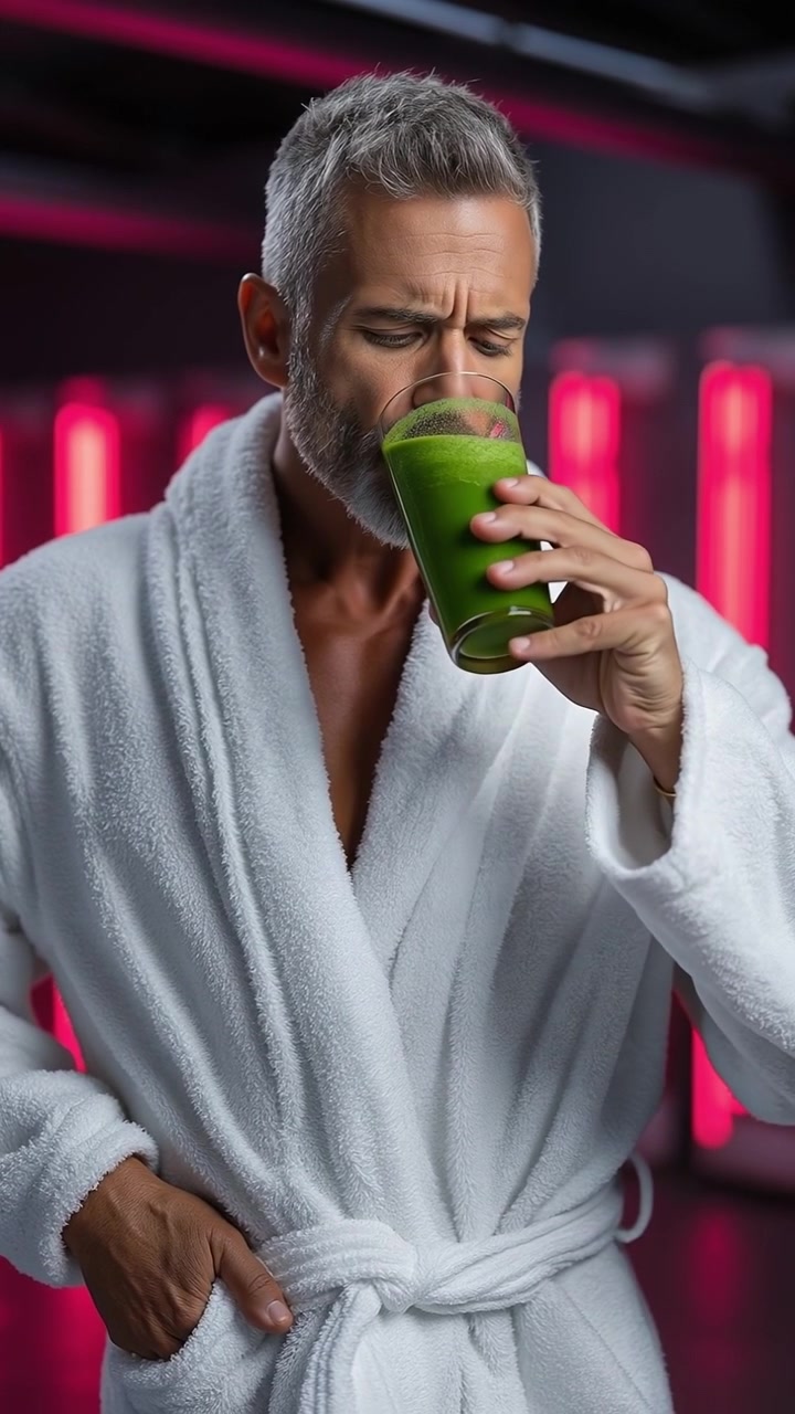 Uomo maturo con capelli grigi in accappatoio bianco che beve un frullato verde di verdure.