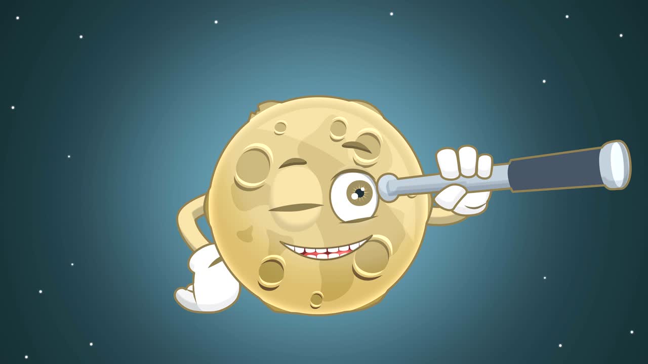 만화 사랑스러운 달은 알파 매트와 함께 얼굴 애니메이션으로 망원경을 통해 보입니다