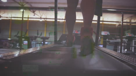 animation of statistics and data processing over man running on treadmill