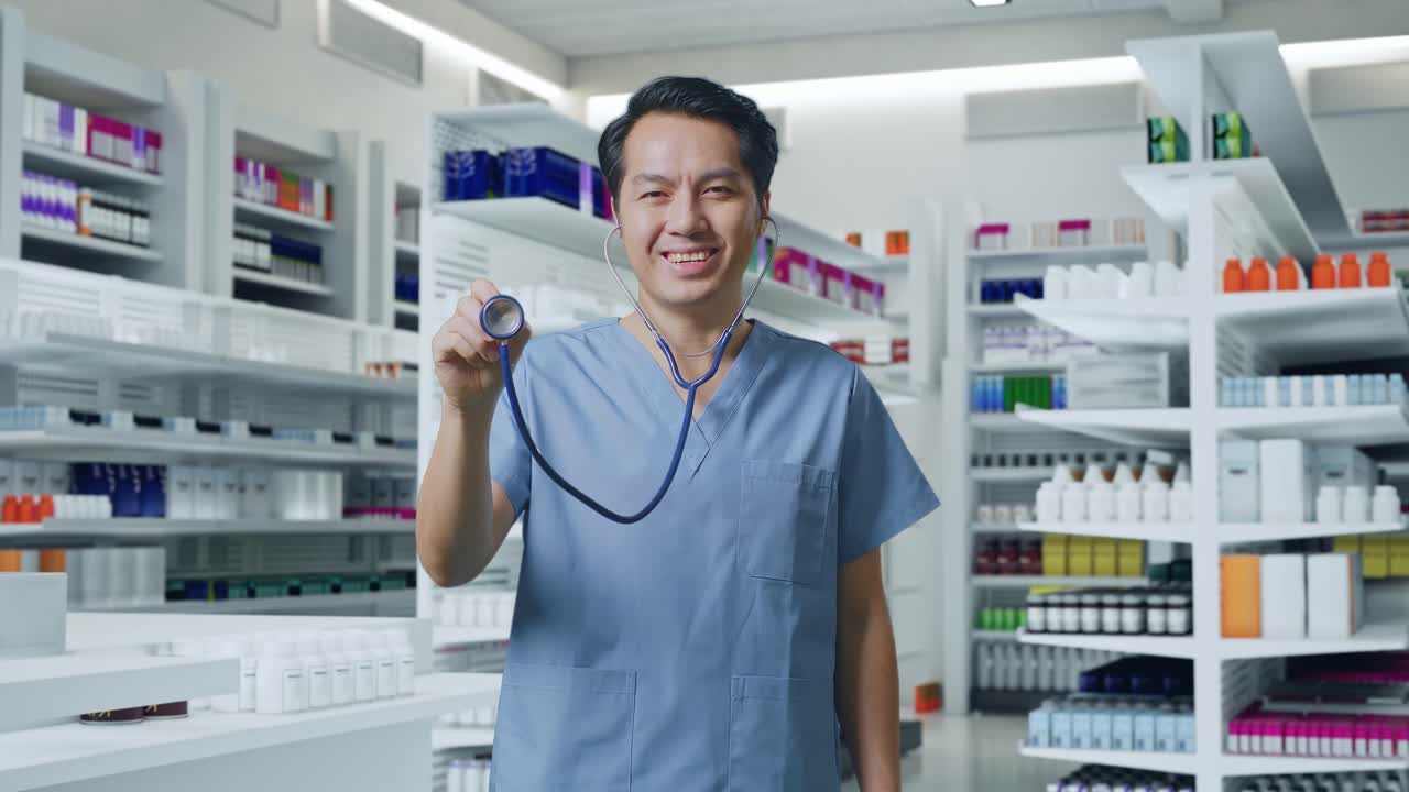 아시아 남성 의사 가 약국 에 서 있는 동안 미소 짓고 스테토스코프 를 사용 하고 있다