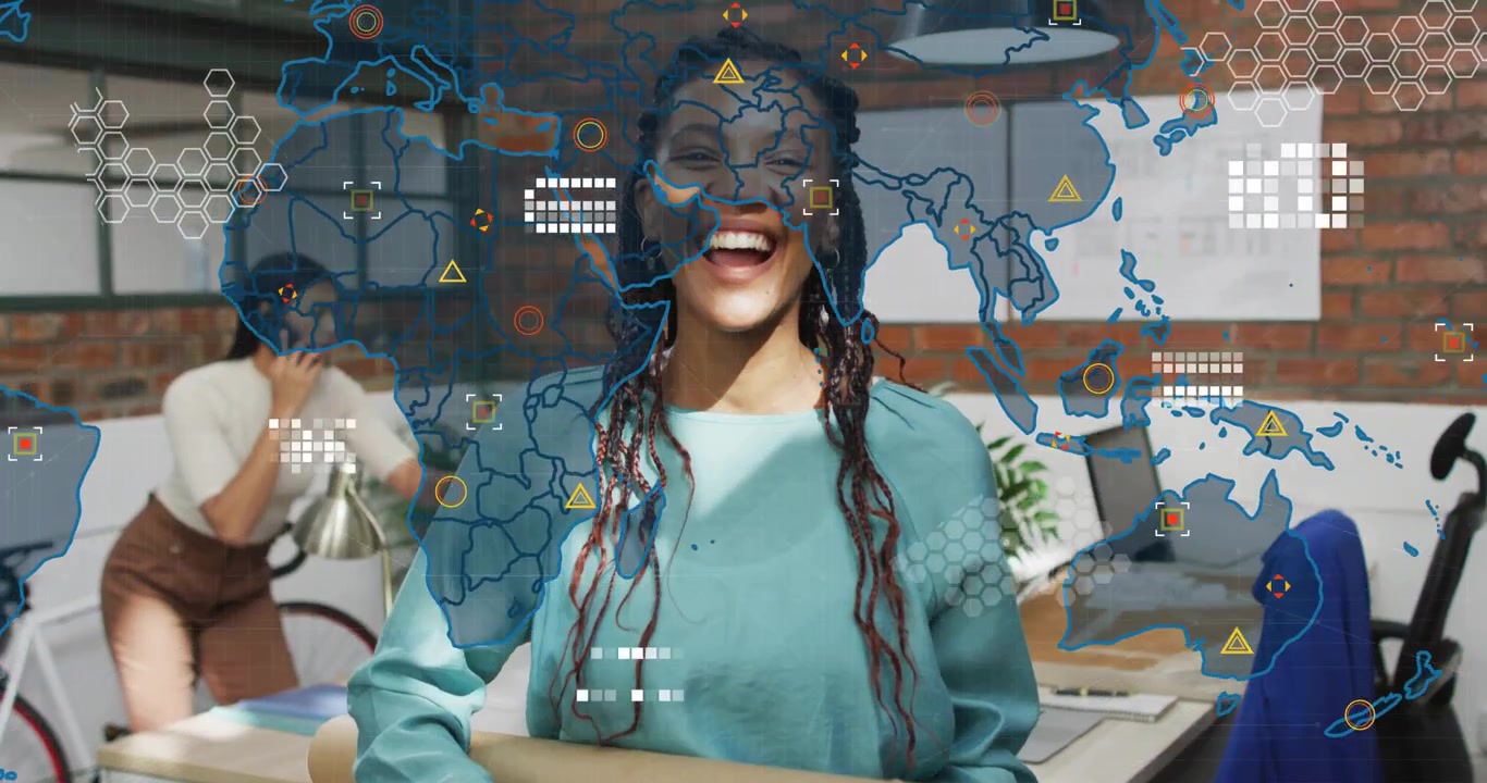 Vertical video: Holding rolled tubes, woman in teal top laughing at data overlay appearing in loft