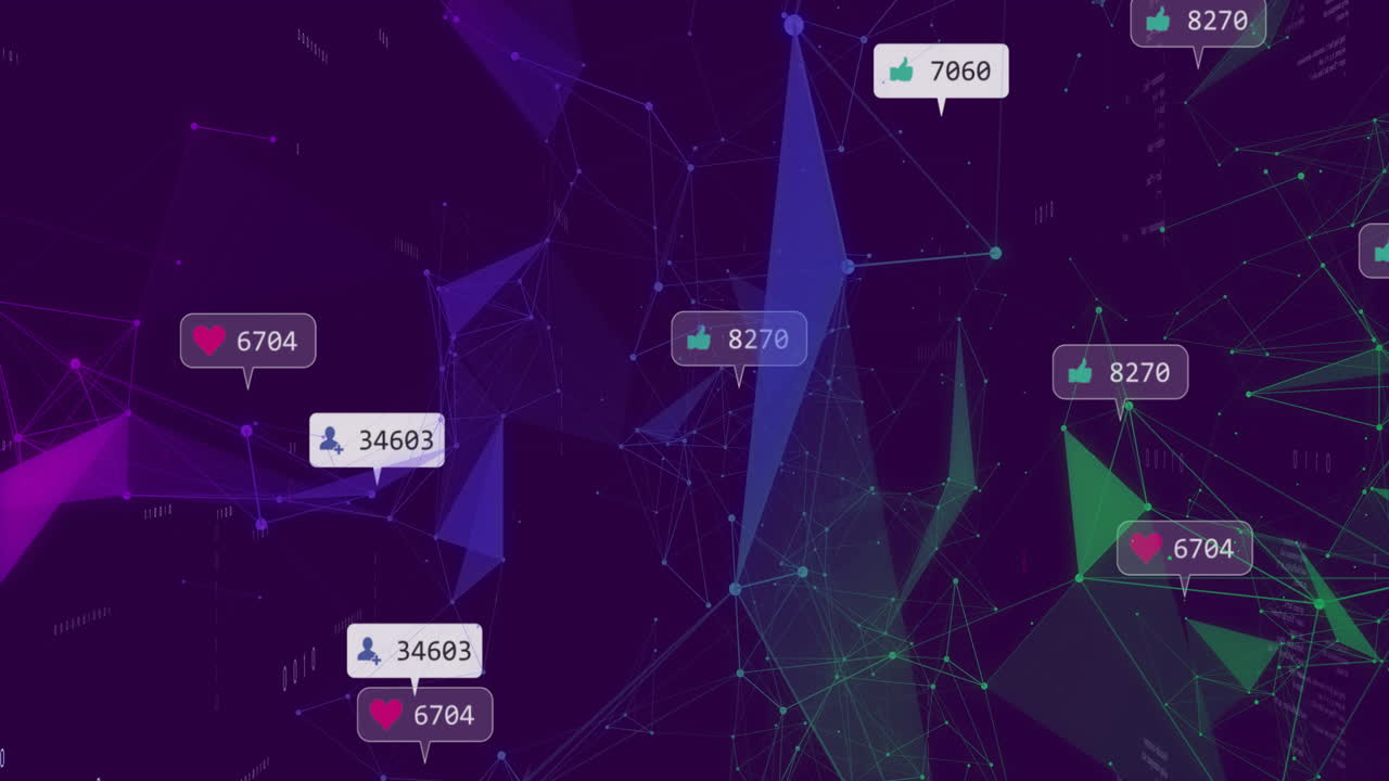 Animation of social media icons floating over digital network connections background