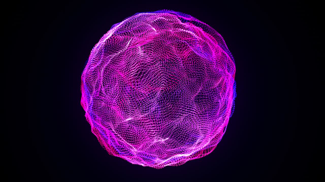 Abstract glowing sphere, computer generated background. Multicolored wavy shape from neon particles. 3d rendering of futuristic element