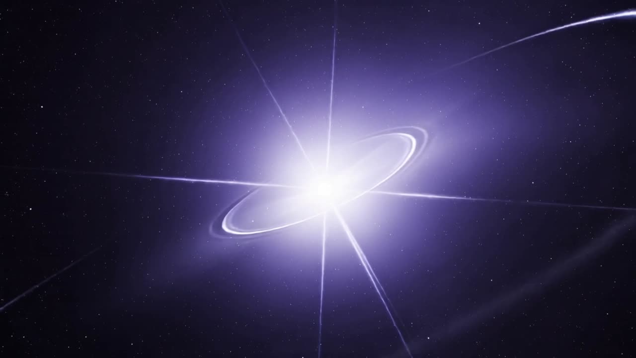 Nucleo luminoso centrale pulsante che ruota in un campo stellare, con un bagliore iniziale che muove raggi radiali e un alone.