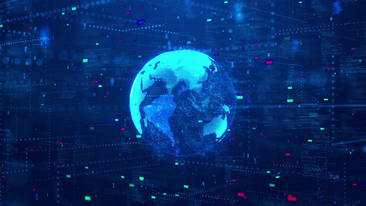 Visualizzazione di rete dati terrestre ciano con globo luminoso, numeri fluttuanti, finestre di codice digitale e colorate.