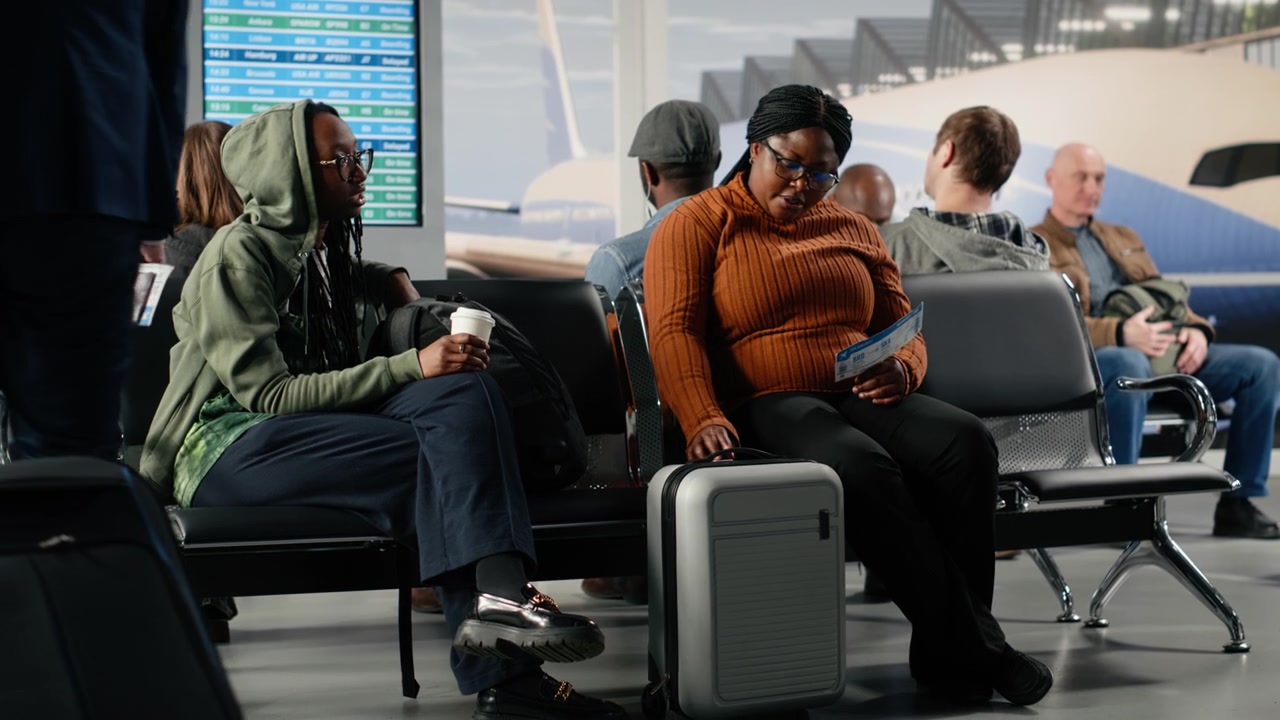 Chatting, going to boarding gate and woman in airport hub