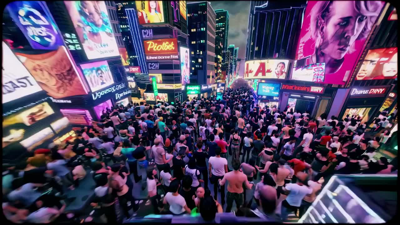 A dynamic video scene of a bustling city street at night, captured from a high angle
