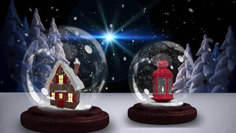 Animation-of-two-snow-globes-with-house-and-christmas-lantern-with-snow-falling-in-winter-scenery