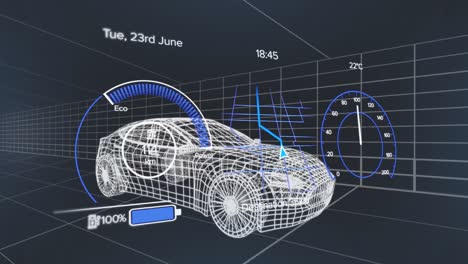 Animation-of-speedometer,-gps-and-charge-status-data-on-vehicle-interface,-over-3d-car-model