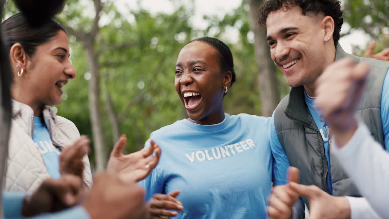 Happy Diverse Volunteer Group Laughing and Embracing Outdoors