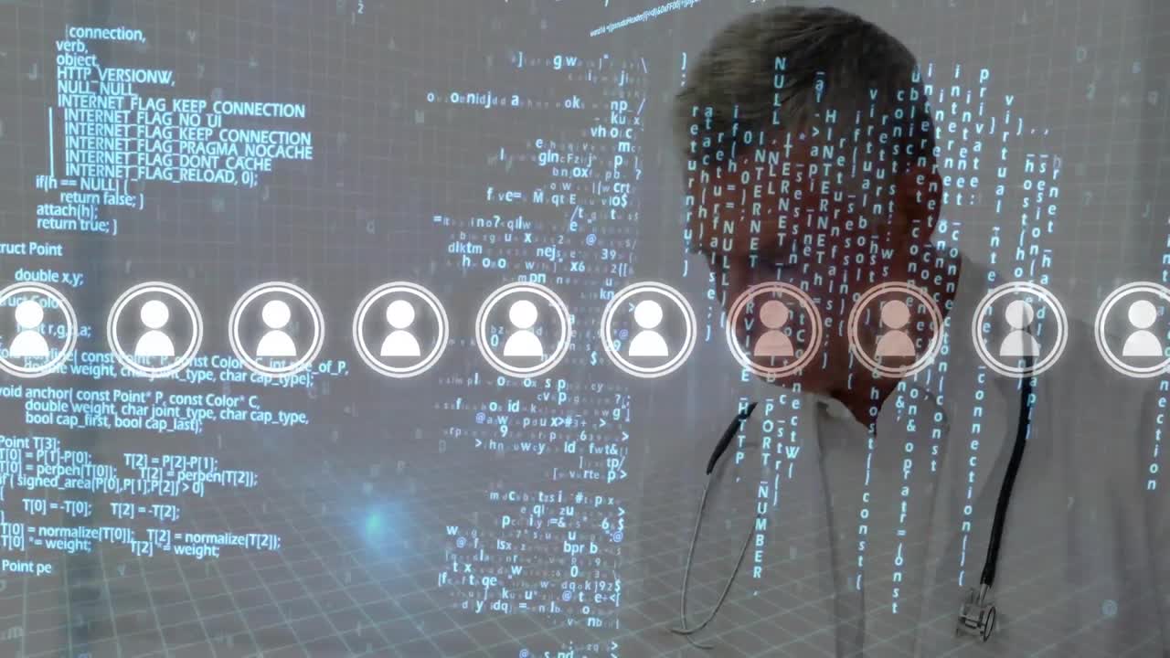 animación de procesamiento de datos sobre un médico caucásico y una chica